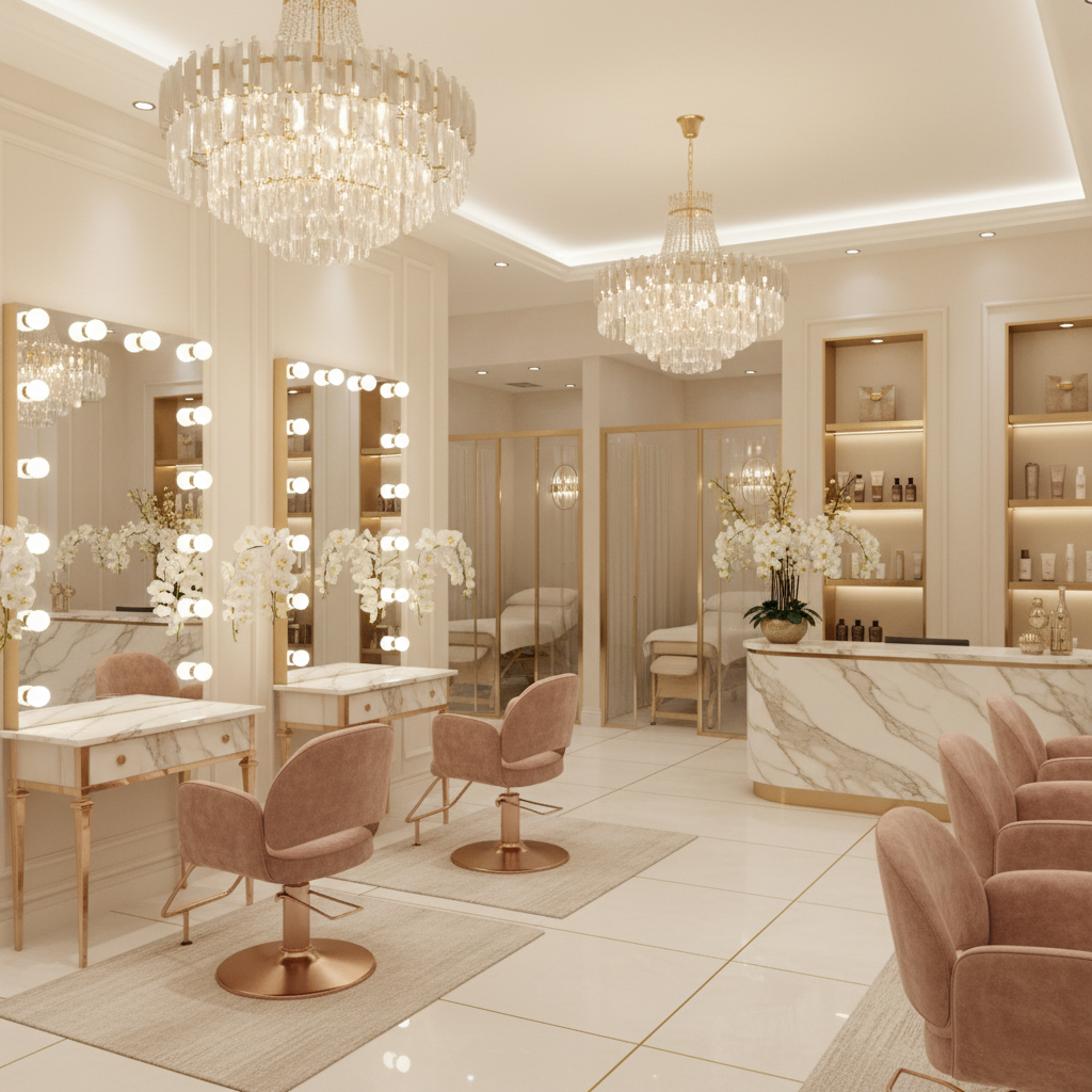 High-end beauty salon and spa interior with opulent design, plush velvet styling chairs in rose gold, large illuminated mirrors with Hollywood lighting, marble reception desk, elegant floral arrangements, crystal chandeliers