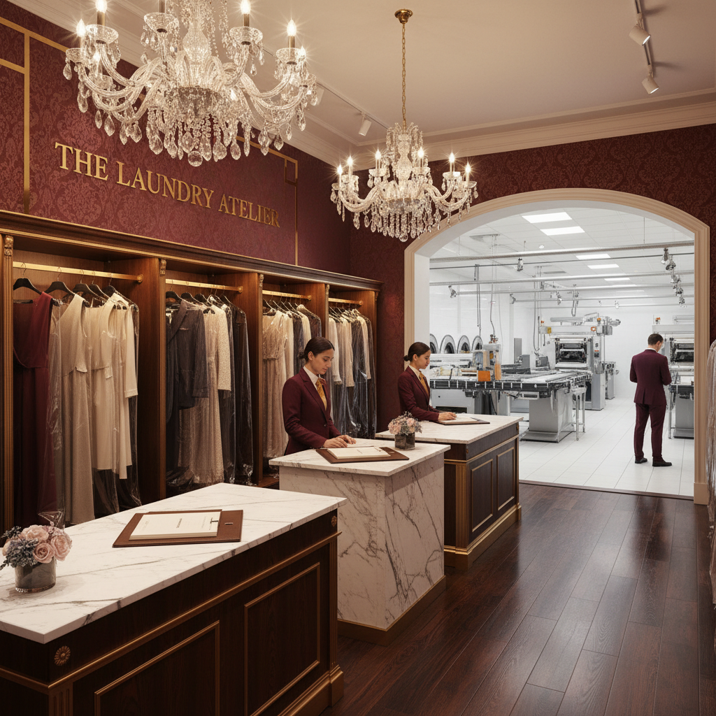 Luxurious upscale dry cleaning boutique interior with elegant marble counters, premium garment display racks with designer clothes in protective covers, sophisticated lighting with crystal chandeliers