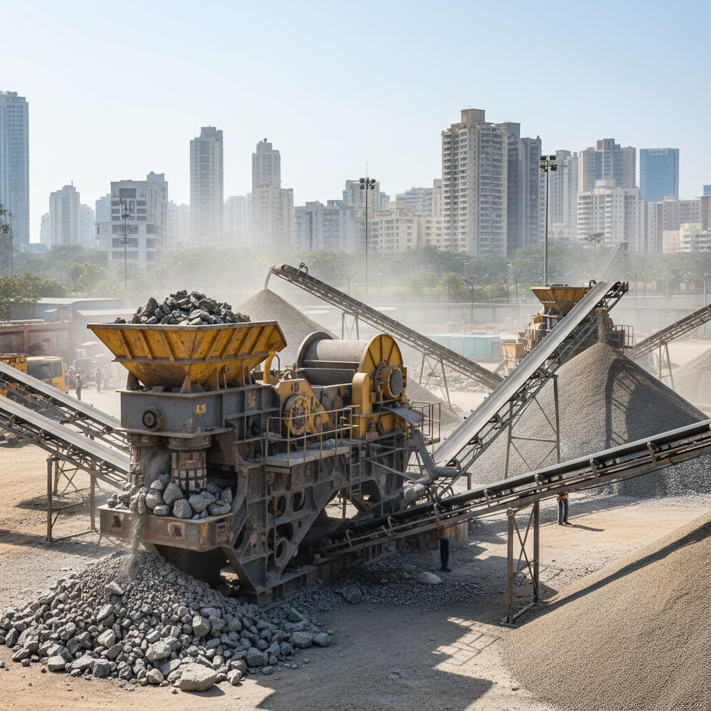 Heavy-duty industrial stone crushing machinery and aggregate processing equipment working at Mumbai construction site with cityscape in background